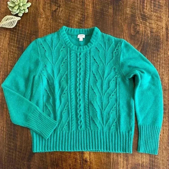J. Crew Factory | Green Crewneck Wool Blend Cable-Knit Sweater - Picture 1 of 6